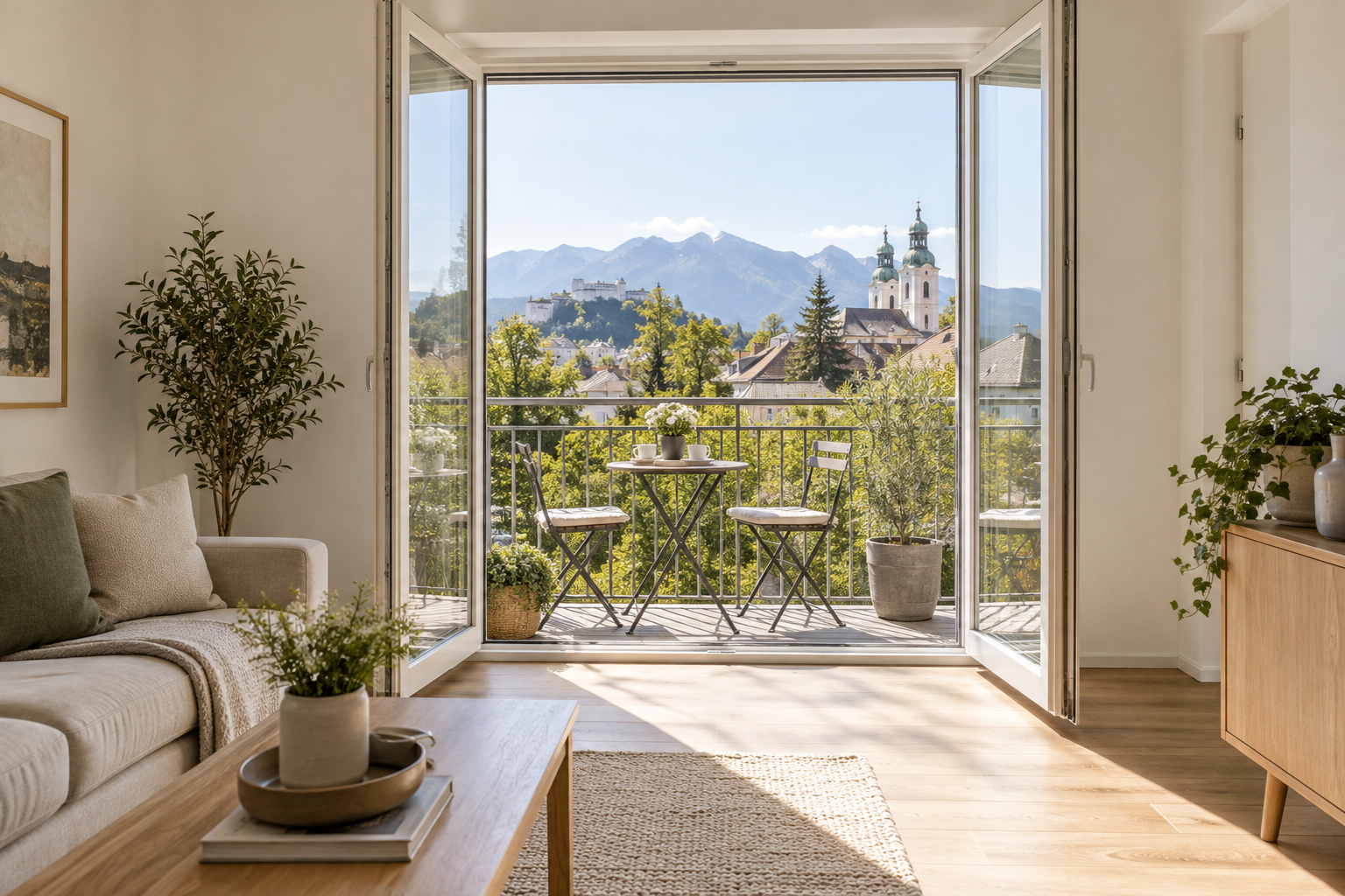 Heller Wohnraum mit offenem Balkon