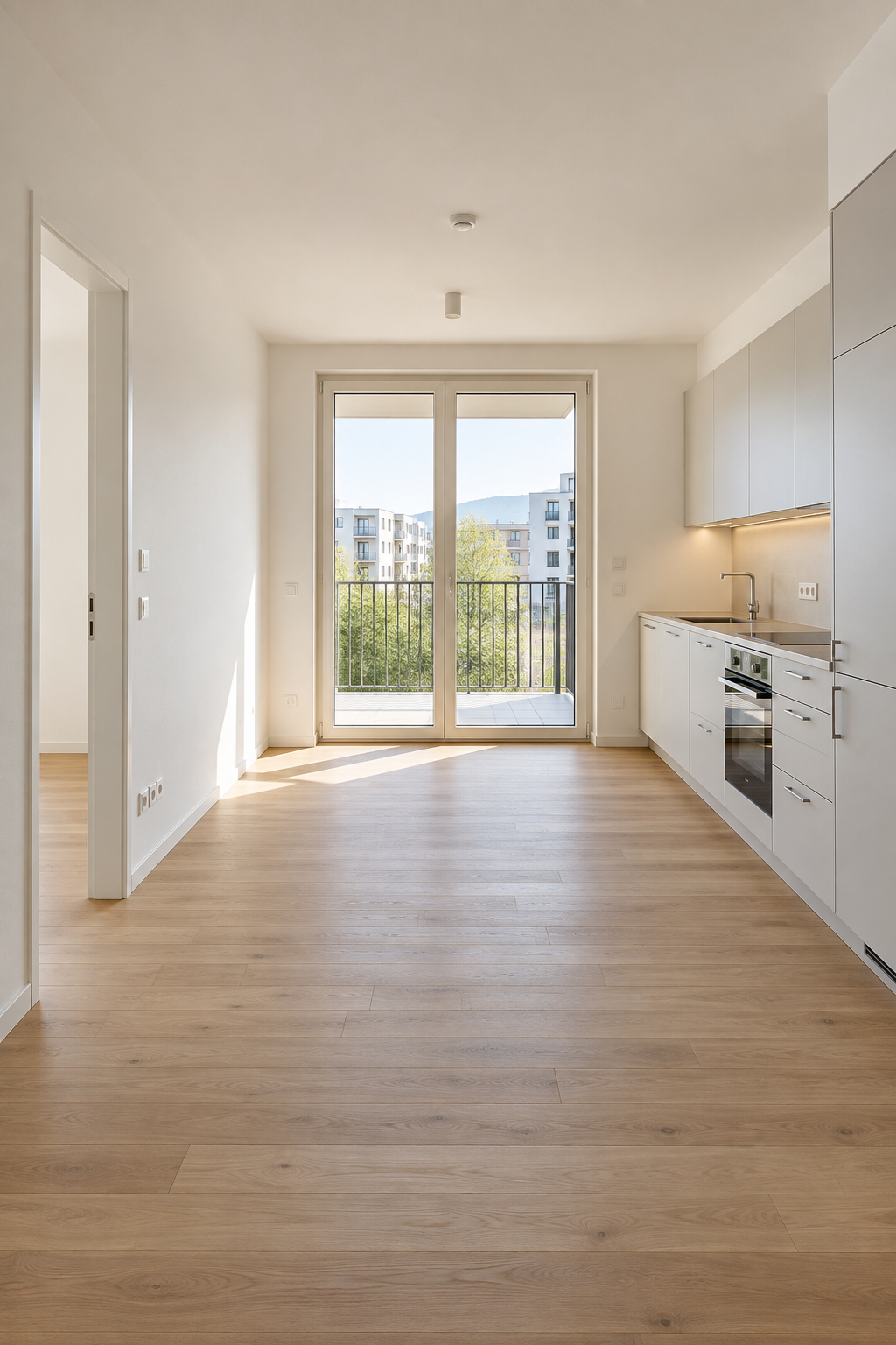 Leere helle Wohnung mit Küchenzeile und Balkontür