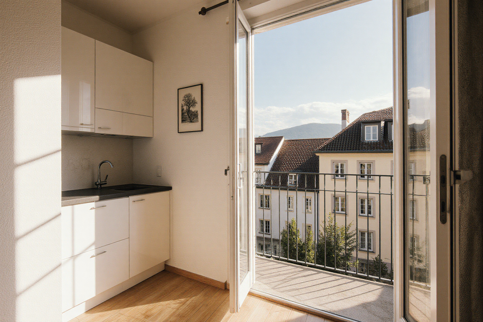 Leere helle Wohnung mit Küchenzeile und Balkontür